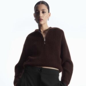 COS Wool and Cotton Half-Zip Sweater in Dark Brown (XS)